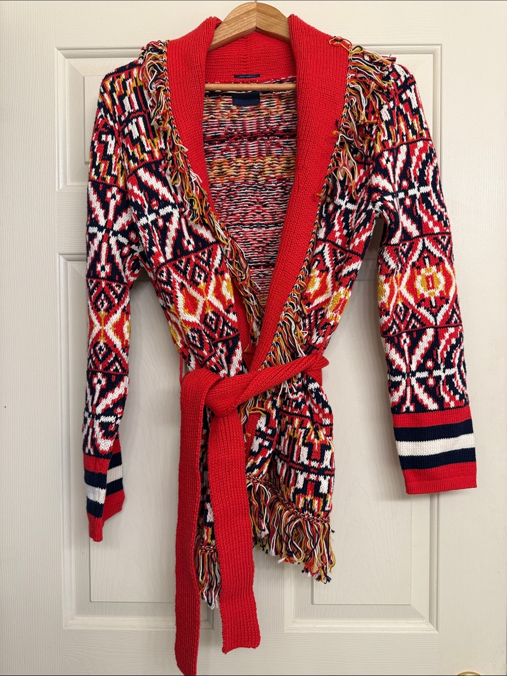 MOTHER Red Multicolor Fringe Wrap Cardigan